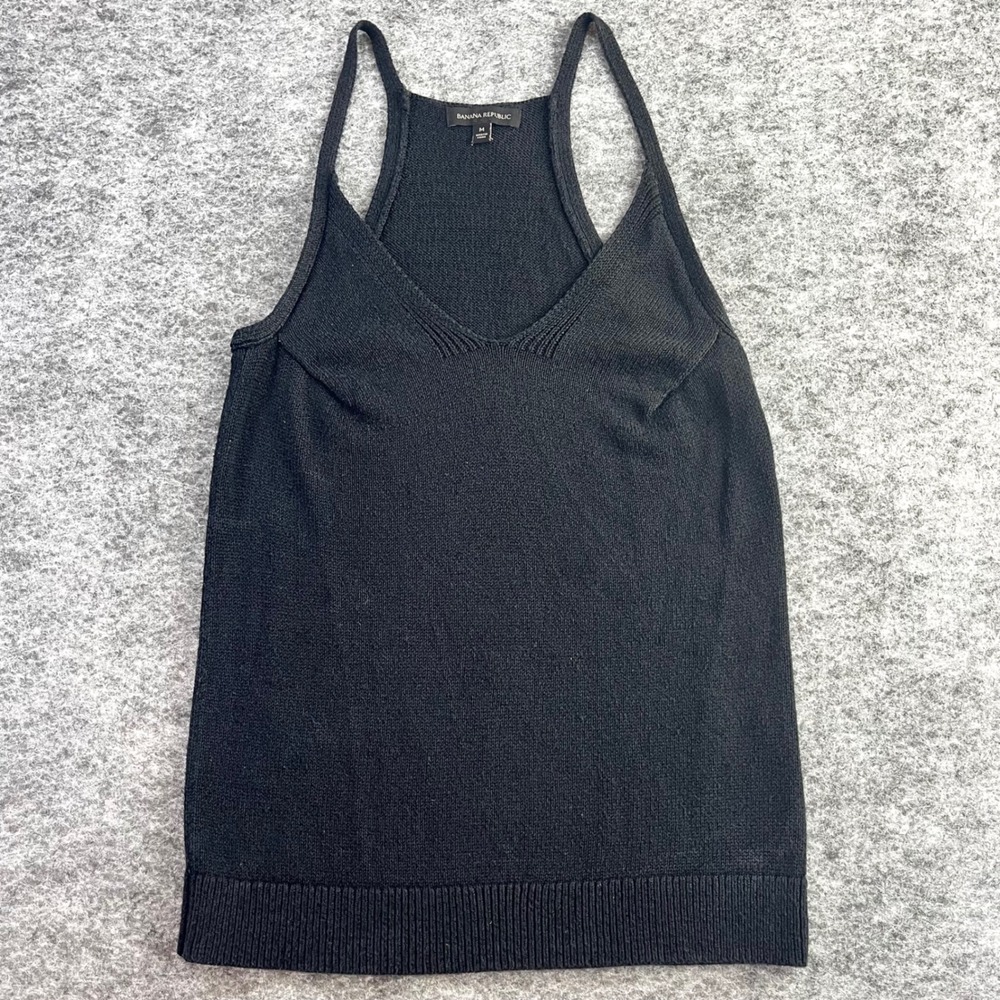 Banana Republic Tank Top Womens M Black Knit V-Neck Racerback Chic Quiet Luxury